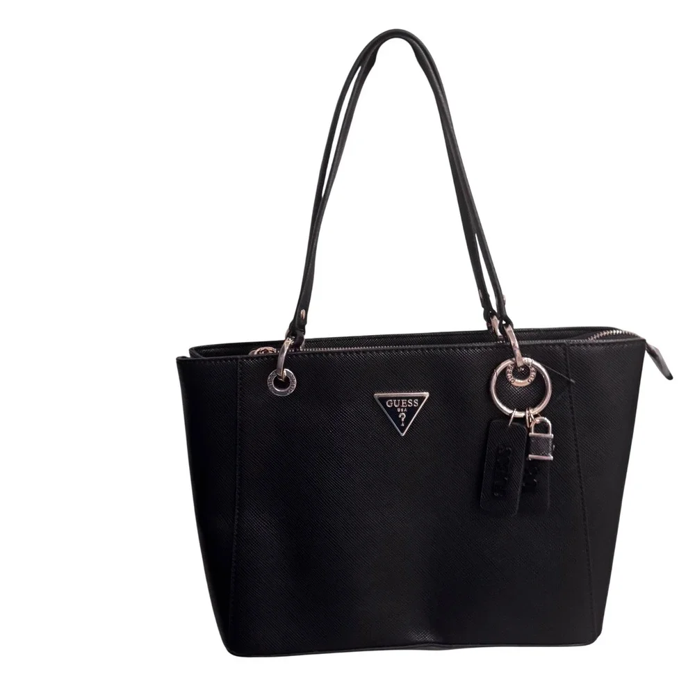 GUESS Est 1981 Noelle Black Tote with Charms Dbl Compartments Zip‎ topEUC 9x12x4